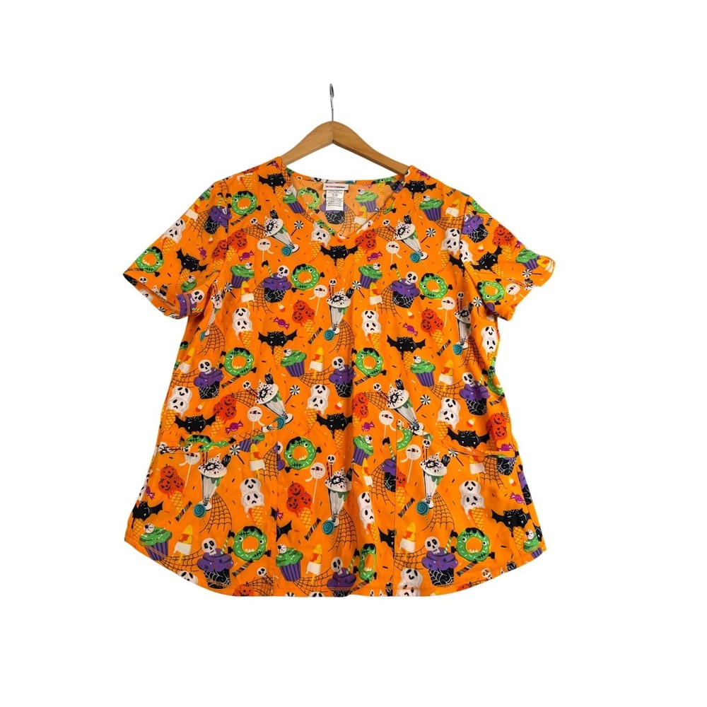 Scrubstar Halloween Ghost Candy Corn Orange V-Neck Scrub Top Large L/G #1127